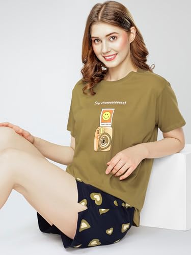 Image of ZEYO Night Suit for Women's Floral & Cheetah Printed Cotton Night Dress of Top and Short's Set 5737