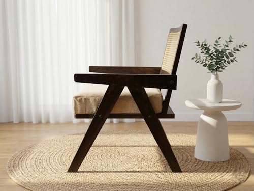 Image of WELL KNOWN Solid Sheesham Wood & Cane Chair Wooden Rattan Arm Chair | Dining Chair for Living Room, Bedroom, Indoor, Outdoor & Home | Walnut Finish
