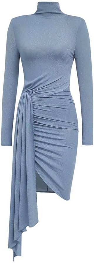 JSEIAJB Sexy Round Neck Pleated Waistband Irregular Skirt Mid-Length Dress