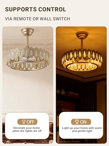 Image of 20 inch Gold Crystal Fandelier Ceiling Fan with Light Caged Mid Century | Crystal Chandelier Ceiling Fans with Remote 6 Speed for Living Room Bedroom Dining Room E12*6
