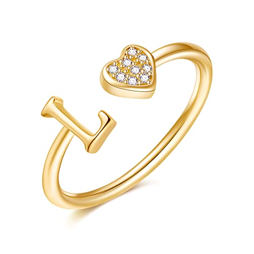 Image of Initial Rings for Teen Girls - S925 Heart Sterling Silver Rings for Teen Girls | 14K Gold /Rose Gold /Sterling Silver Plated Ring for Girls Kids Women Ring for Teenager Girls Gifts Adjustable, No Tarnish, Hypoallergenic