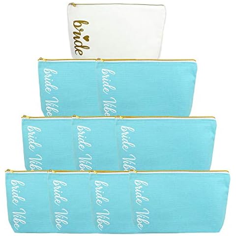 Lady & Home Set of 10pcs Hen Party Cosmetic Bag, Gift Makeup Bag for Bride, Bridemaids, Bride Team, BrideTribe, 100% Cotton Bride and Bride Vibe Travel Bags(Blue) Cover