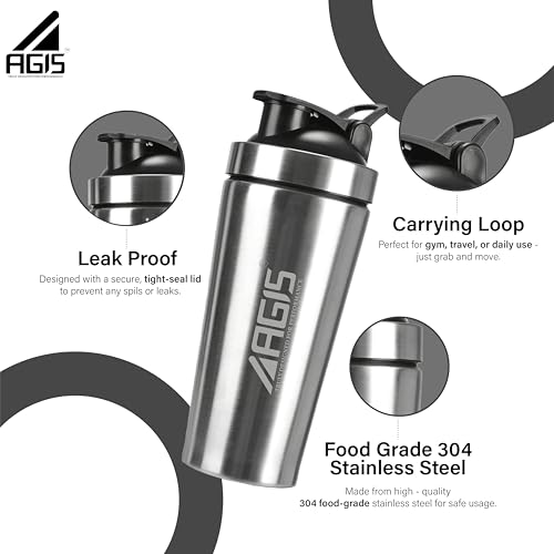 Image of AGIS Premium Stainless Steel shaker 700ml Leakproof Shaker Bottle with Measurement Marking, Perfect for Fitness Enthusiast & Athletes, Ideal for Mixing Protein Shakes & Pre-Workout Formula (Silver)