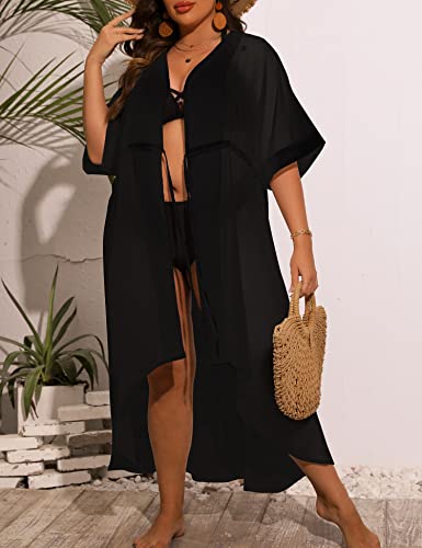 SWOMOG Women Cover Ups Plus Size Swimsuit Chiffon Kimono Long Cardigan Open Front Bathing Suit Summer Flowy Bikini Beachwear3