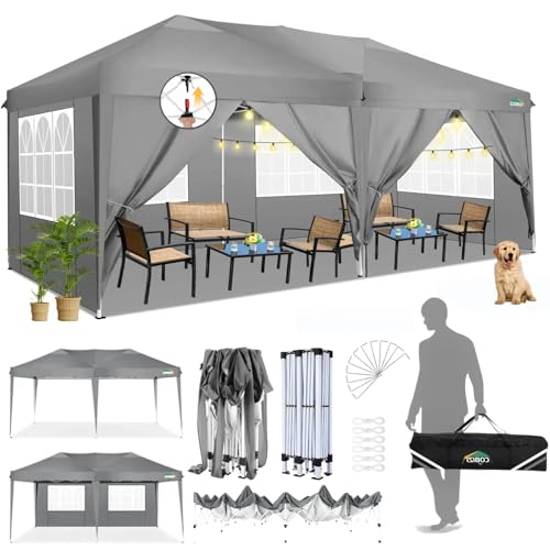 COBIZI 10x20 Pop Up Canopy Tent with 6 Sidewalls Party Tents Waterproof UPF 50+ Commercial Instant Outdoor Events Tent for Parties Markets Backyard, Ropes（10 x 20 ft Gray