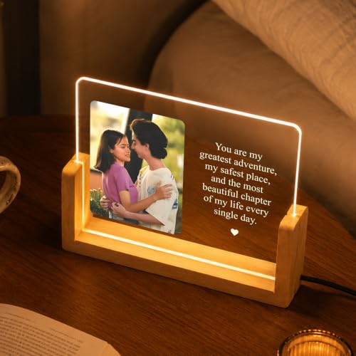 Image of Giftplease Personalized LED Acrylic Photo Frame with Custom Picture and Message Engraved Night Lamp Wooden Base USB Powered Couple Keepsake Home Decoration Anniversary Wedding Birthday Memory