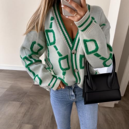 Women Geometric Cardigan Sweater Oversized Button Down Long Sleeve V Neck Sweater Drop Shoulder Knit Coat Outwear2