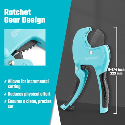 Image of DURATECH Ratchet PVC Pipe Cutter | Cuts up to 1-5 /8 inch PEX, PPR, PE and Plastic Hoses, with PTFE-Coated Sharp Blade,Suitable for Home and Plumbing Repairs