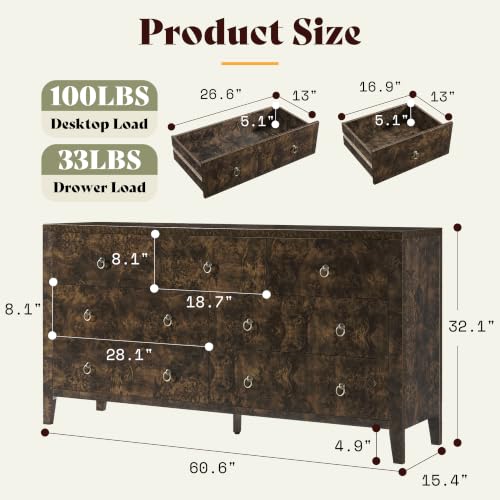 Image of AMERLIFE 61 inch Wide 7 Drawer Dresser with High Gloss Burl Wood, Brown