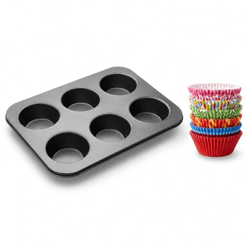 Xacton Non-Stick 6 Slot Muffin Baking Tray with 100 Paper Cupcake...