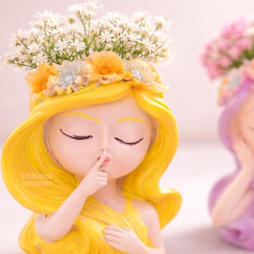 Image of Cute Beautiful Yellow & Purple Girl Resin Succulent Planter Flower Pot Handicraft Pack of 2 Indoor Outdoor Flower Pot Handicraft Planter, Plant Container Set