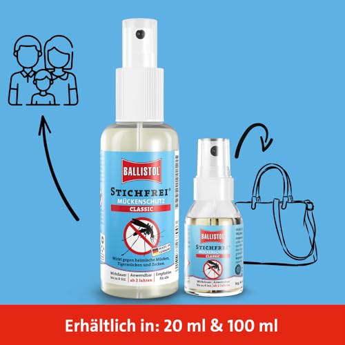 BALLISTOL 26800 Stichfrei Mückenschutz 100ml Spray - Insekten-Spray – 8h Schutz vor Bremsen, Fliegen, Zecken, Moskitos