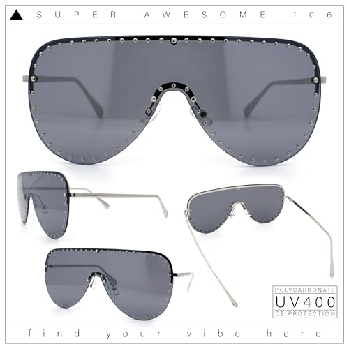 Womens Metal Studded Rimless Oversized Shield Flat Top Racer Sunglasses2