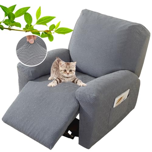XINEAGE 4-Piece Recliner Cover Stretch Jacquard Slipcover with Pocket, Washable Recliner Chair Protector for Kids, Pets, Dogs, Cats (Light Gray)