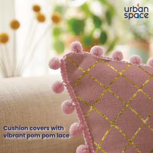 Image of Urban Space Cotton Cushion Cover Set of 5, 16 x 16 Inches, Decorative Throw Pillow Covers with Pom Pom, Printed Sofa Cushion Covers for Living Room, Home Decor (CC3, 40Cm x 40Cm, Set of 5)