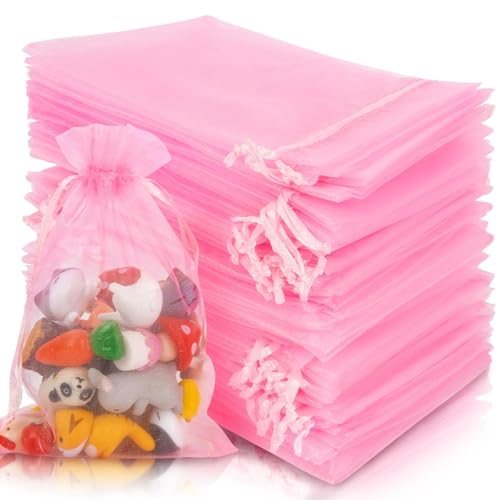 Image of Sukh 100 Pink Organza Bags 4 inchx6 inch - Small Organza Sachet Jewelry Gift Favor Bags Drawstring Mesh Bags Gifts Valentines Wedding Eid Mubarak Halloween Eve Christmas New Year Party Candy Fruit Wrap