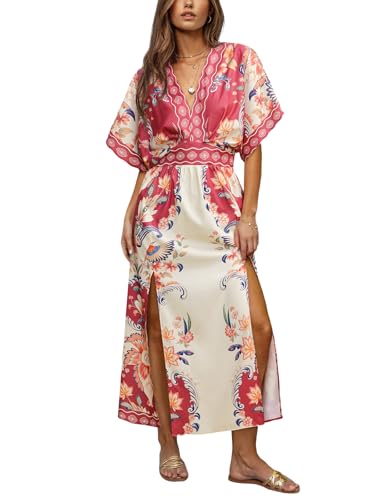 Image of CUPSHE Womens Tropical Floral Maxi Dress V Neck Short Sleeve Smocked Side Slit Dress Summer Vacation Beach Pocket Long Dress