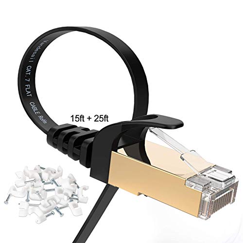 Cat 7 Ethernet Cable, VANDESAIL 2 Pack High Speed Internet LAN Cord Shielded, Flat Cat7 RJ45 Wire for Router, Modem, Gaming, Xbox(15ft + 25ft, Black - 2Pack)