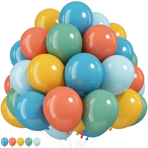 Image of Boho Rainbow Balloons Assorted Colors Dusty Orange Yellow Balloon | 12Inch Green Blue Retro Colorful Balloon for Safari Forest Dino One Birthday Party Thanksgiving Fall Autumn Baby Shower Decor