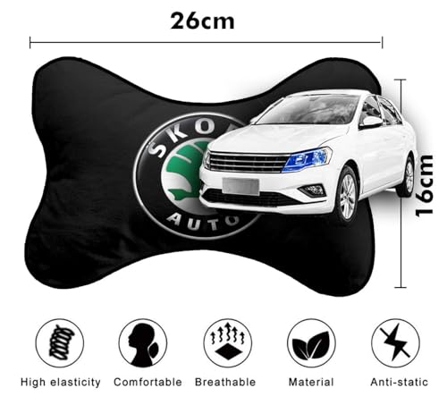 Image of Car Company Logo Neck Headrest Pillow Compatible with All Skoda Model Pain Relief, Cervical Neck Support Pillow, 22 x 16 cm, 2 Pieces, Black