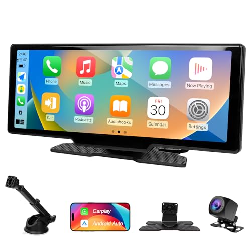 10 26 Zoll Car Play Display - Wireless Android Auto-anzeige Carplay Display mit Navigation 4K Dashcam 1080P Rückfahrkamera IPS Touchscreen Bluetooth Mirror Link Split Screen FM Radio/AUX 64G TF