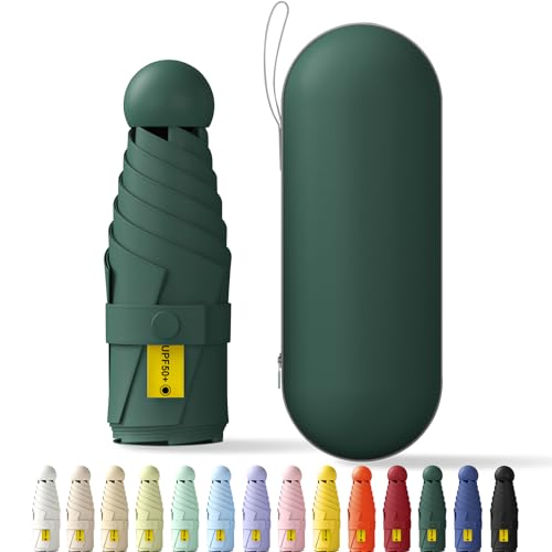 Betrynidil Ombrello da Viaggio Pieghevole // Mini Ombrello Tascabile Ultraleggero // Impermeabile & Protezione UPF 50+ // Compatto per Borsa Con scatola per capsule (Verde Scuro)