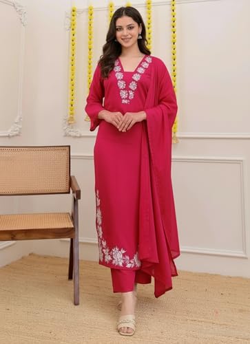 Image of ANNI Designer Pure Cotton Embroidered Kurta Set for Women | Rust Orange Kurta with Pants & Dupatta | Floral Neck & Hem Embroidery | Cotton Kurta Set for Women | 10 Colour Options Available