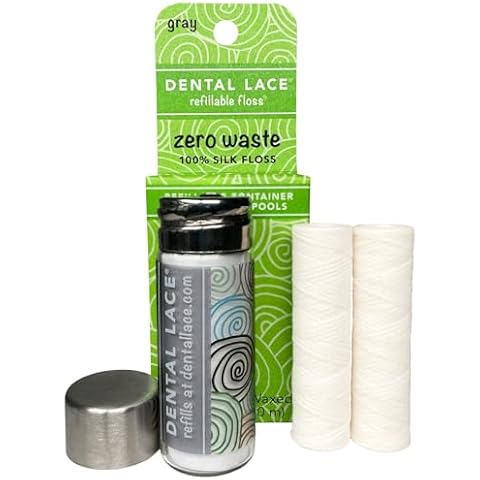 Dental Lace Woven PTFE & PFAS Free Dental Floss, 100% Silk Floss with Natural Mint Flavor - Refillable Dental Floss Holder with 1 Floss Spool, and 1 Refill with Recyclable Packaging Cover