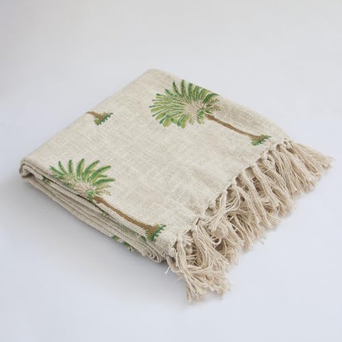 Image of Handwoven Cotton Sofa Throw Blanket with 2 pcs Cushion Covers Lightweight Decorative Couch & Bed Throw (Pack of 3, Green Palm Tree)