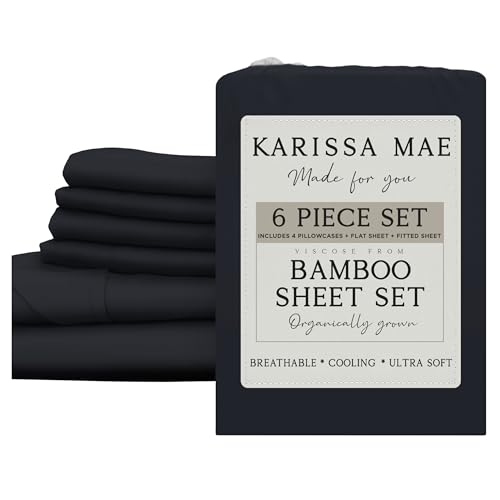 Image of KARISSA MAE 6 Piece Luxury Bamboo Viscose Cal King Sheet Set, 4 Pillowcases | FSC Certified | Cooling | Ultra Soft | 18 inch Deep Pockets | Elastic Corner Straps | Includes Organizer Band [Black]