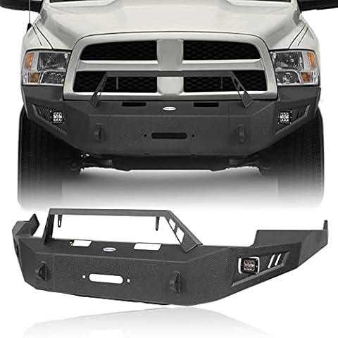 V8 GOD Ram 1500 Front Bumper Full Width w/Winch Plate & 2x 18W LED Spotlights Compatible with Dodge Ram Pickup Truck 2009 2010 2011 2012 Cover