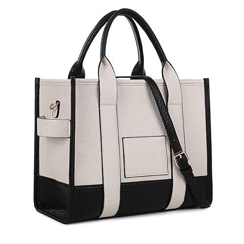 WHHKLQS Handtasche Damen Umhängetasche Aus Leder, The Bag mit Reißverschluss, Casual Schultertasche Taschen Groß shopper, Crossbody Bag für Schule Büro Arbeit Reisen Ausflug Einkauf (Beige-black)