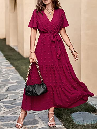 Mascomoda Womens Boho Swiss Dot Maxi Dresses Wrap V Neck Flutter Short Sleeve Solid Tie Belt A Line Tiered Flowy Long Dresses(Wine Red, Large) #TOP3