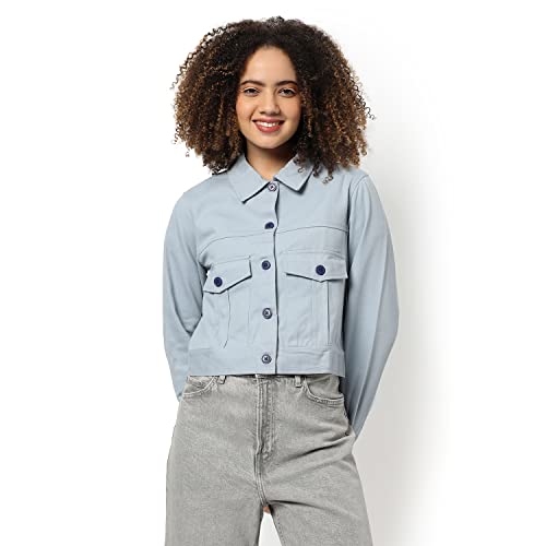 Image of Campus Sutra Women Blue Regular Fit Denim Jacket For Winter Wear | Collared Neck | Full Sleeve | Buttoned | Casual Jacket For Woman & Girl | Western Stylish Jacket For Women