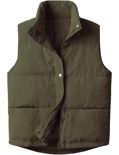 Aisongyuan Womens Corduroy Puffer Vest Stand Collar Zip Snap Button Sleeveless Warm Waistcoat Padded Gilet cover