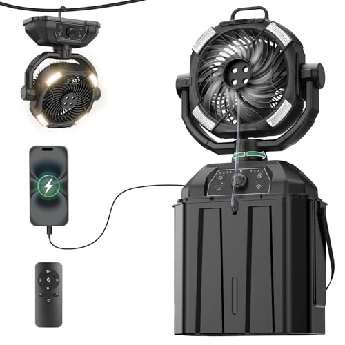Chtoocy Misting Fans Protable Upgrade 3 LED Light Outdoor Camping Fans for Patio 6L Bucket Humidifier Spray 20000mAh Last-long Battery Powered Cooling w Infinite Speed Fan Design & 4 Misters - Black