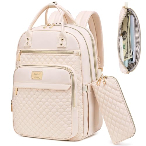 Tealari Laptop Backpack for Women,15.6 Inch Laptop Backpack for Work,Water Resistant Travel Backpack,College Bookbag with Wallet (Beige)