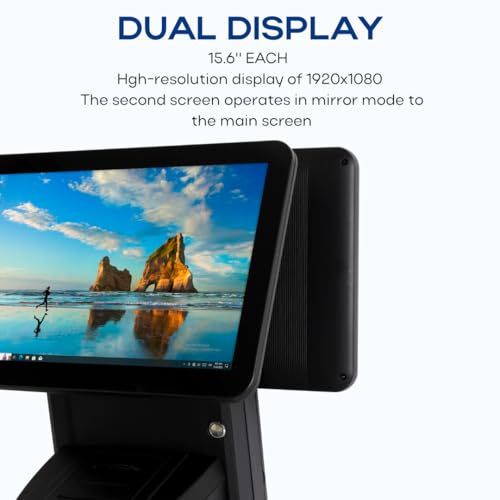 Image of All in One Point of Sale M9W with 15.6'' Dual Touch Screen. Windows 10 OS and an i3 Processor. Touch Pos with 58mm Thermal Printer for Receipts Wi-fi, 4GB RAM and 64GB ROM. (Black)