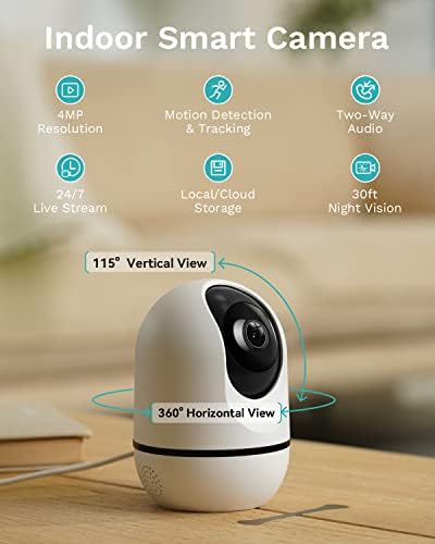 WUUK 4MP Security Camera Indoor, 2.5K Wi-Fi Home Security Camera, Baby Monitor With Camera and Night Vision, Dog/Pet Camera with Phone App, 360° Pan & Tilt, 2-Way Audio, Works with Alexa & Google