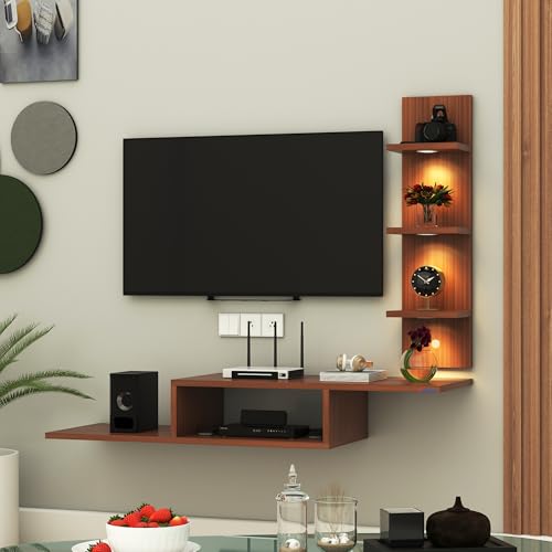 Image of Anikaa LED Light TV Unit Wall Mounted TV Unit Wall TV Cabinet for Living Room, Set Top Box Stand - Walnut (D.I.Y - Do-It-Yourself) Ideal for up to 43 inch inches