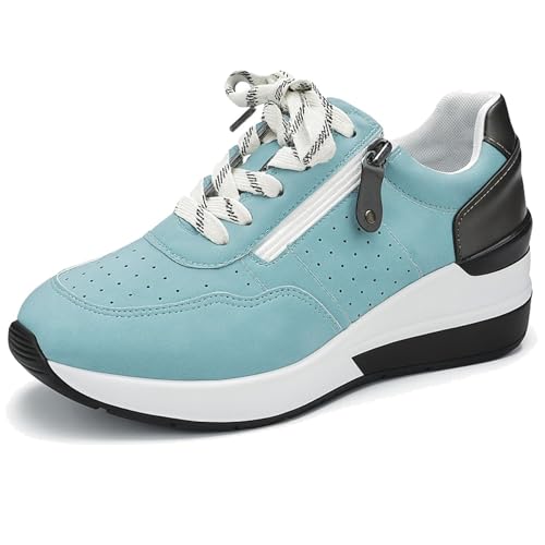 Women's Casual Zipper Platform Tennis Shoes Fashion Hidden Wedge Heel Sneaker Non Side Low-Top Lace-Up Solid Color with Comfor Walking Shoes