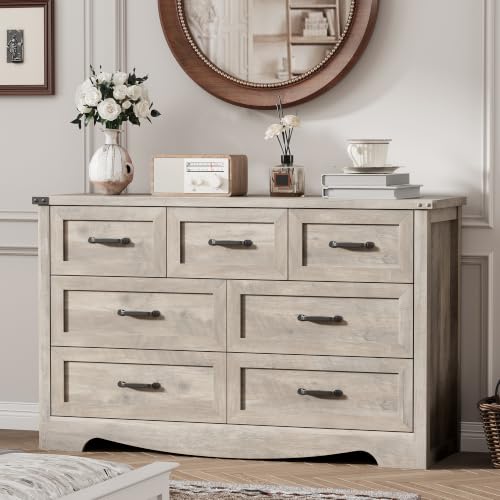 Image of Dresser for Bedroom with 7 Drawers, 48 inch Wide Modern Chest of Drawers with Deep Drawers & Mental Handle, Wood Dresser TV Stand, Wooden Closet Storage Organizer for Living Room, Hallway, Entryway, Grey