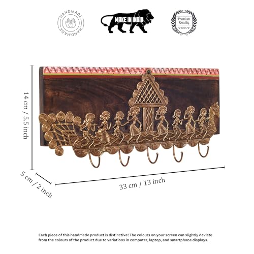 Image of AAKRITI ART CREATIONS Heritage Charm Brass Key Hook Set, Dhokra Art Teak Wood Wall Hanging Panel Set of 1, Brown Wall Decor Key Holder | Matte Finish Wooden | Decor for Entryway, Living Room, Office