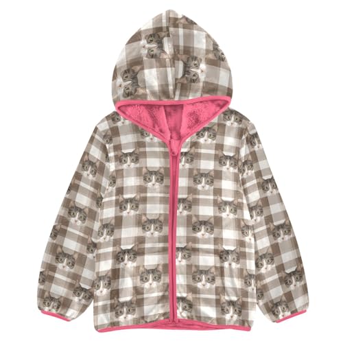 Aflyko Girls' Fleece Cat Gingham Brown Zip-Up Hoodie Fleece Outerwear Kids Pink Hooded Jacket Children's Fashion Outwear Coat Warm Sweatshirt 4T