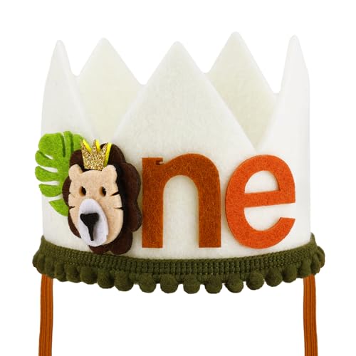 PEUTIER Corona Compleanno Leone, Regolabile Cappello per il 1° Compleannocorona Compleanno Giungla Corona di Compleanno Carina con Animali Bomboniere per Feste a Tema Re Leone per Ragazzi e Ragazze