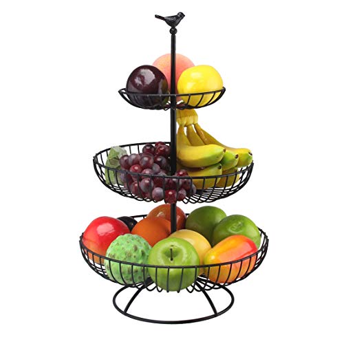 Corbeille à Fruits à 3 étages En Métal Noir Avec Poignée En Bois - 2