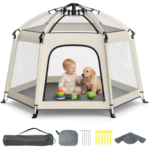 Image of Foldable Baby Playpen with Canopy: Durable 450D Oxford & Aluminum, Beige | Pop-Up Play Tent, Easy Setup, UPF50 Sun Protection, Lightweight, Mosquito Net, for Beach Travel Outside Indoor, for Kid & Pet
