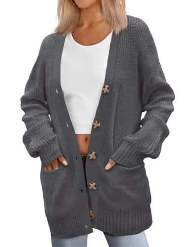 Zeagoo Cárdigan de Punto para Mujer Cardigan de Manga Larga con Cuello en V y Botones Chaqueta de Punto Grueso Casual Otoño Invierno Gris S