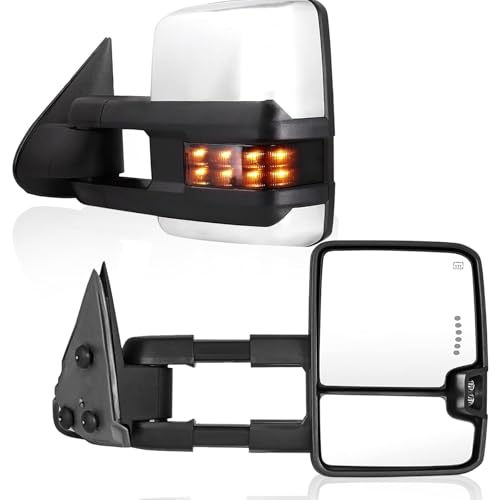 Perfit Zone Towing Mirrors Compatible for 2003-2007 Chevy Silverado Suburban Yukon GMC Sierra 1500 2500 3500 HD Chrome Power Heated LED Arrow Light Smoked Turn Signal Clearance Lamp Pair Set