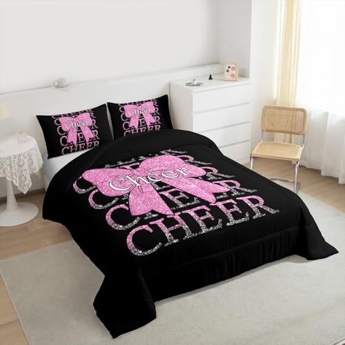 Image of Feelyou Cheer Bow Comforter Set Queen Size Cheerleading Bedding Set for Kids Boys Girls Funny Sport Duvet Quilt Pink Bedroom Decor Microfiber 3 Pcs with 2 Pillow Cases